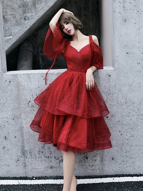 Wine Red Tulle Straps V-neckline Short Party Dress, Wine Red Tulle Homecoming Dress